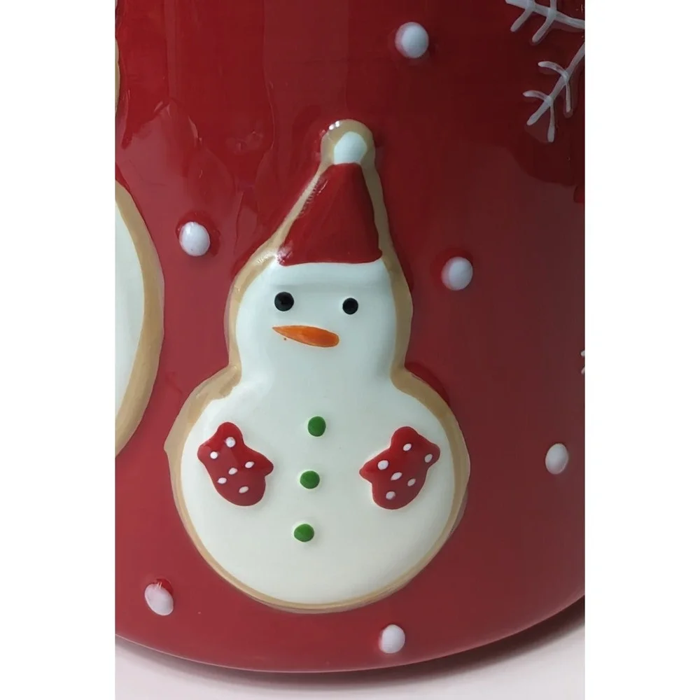 Hallmark Christmas Red Cookie Jar Canister 3 Snowmen Snowflakes 9